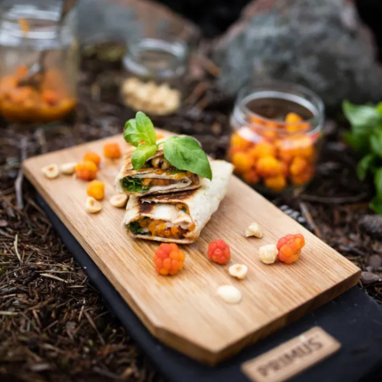 Grilled flatbreads with cloudberries and fresh cheese