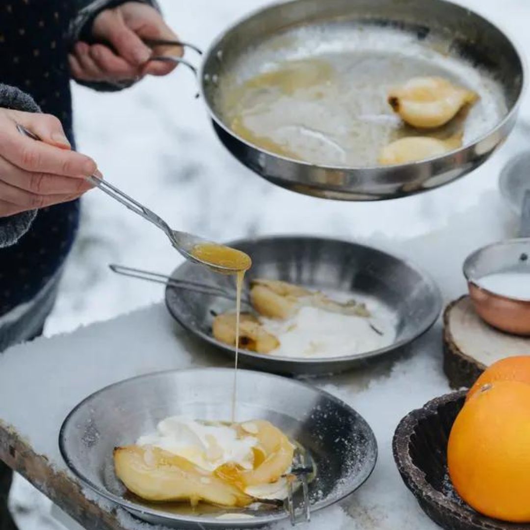 Pears with orange, almonds & cream